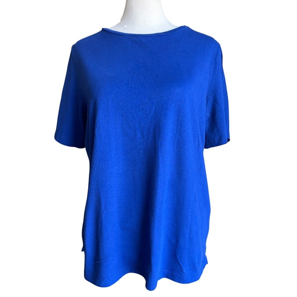Eileen Fisher T-Shirt Women XS Blue Crew Neck Short Sleeve Organic Cotton Slit